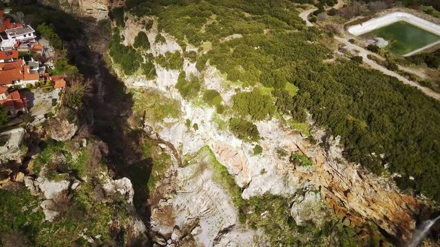 Aerial footage of Velista Gorge near Tithorea village on a sunny day in Amfikleia-Elateia, Greece