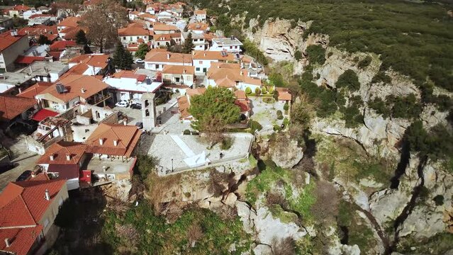 Aerial footage of Tithorea village overlooking Velista Gorge in Amfikleia-Elateia, Phthiotis, Greece