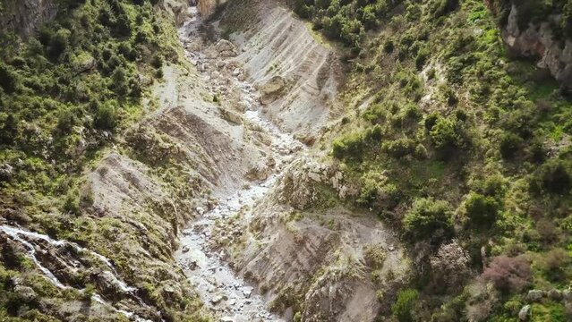 Drone footage of Velitsa Gorge near Tithorea village on a sunny day in Amfikleia-Elateia, Greece