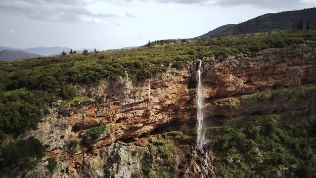 Drone shot of the Upper Tithorea Falls in Velitsa Gorge in Tithorea, Amfikleia-Elateia, Greece