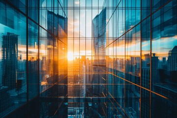 City buildings with many glass windows in sunset. Abstract business background with city architecture.