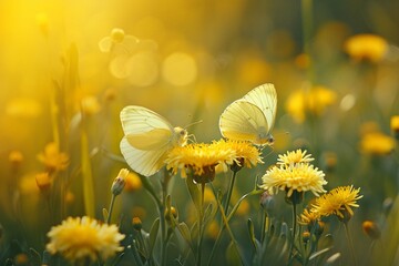 Cheerful buoyant spring summer shot of yellow Santorini flowers and butterflies in meadow in nature outdoors on bright sunny day, macro. Soft selective focus.