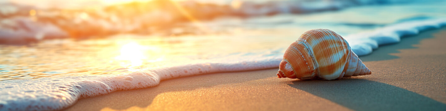 Close up of many seashells, sea shell on the sandy beach, with ocean in the background