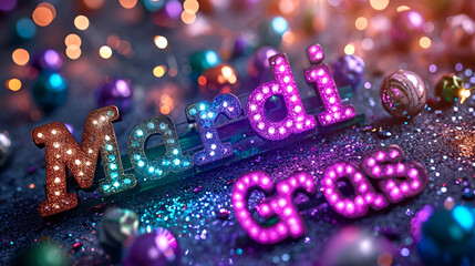 Sparkling background for Mardi Gras celebration with glitter and beads