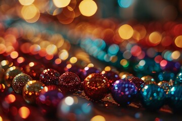 Out of focus background of shiny and colorful Mardi Gras beads - obrazy, fototapety, plakaty
