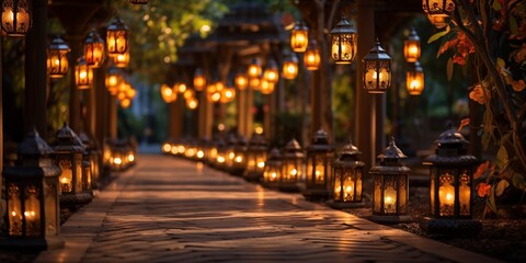 Fototapeta na wymiar Pathway Lit with Lanterns in Decorative Corridor