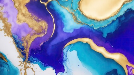 luxury Cyan Gold and Purple abstract fluid art painting in alcohol ink technique