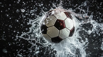 Fototapeta premium Professional Football ball Sports Equipment in water splashes on the black background. Horizontal Illustration. Sporting Gear Ai Generated Illustration with Active Game Football ball.