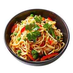 Fried noodles with vegetables in bowl, Top view. Transparent background