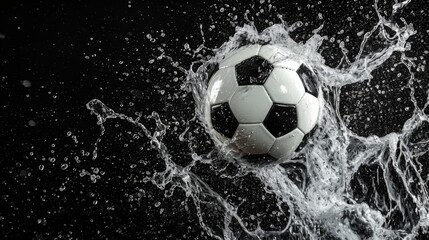 Naklejka premium Professional Football ball Sports Equipment in water splashes on the black background. Horizontal Illustration. Sporting Gear Ai Generated Illustration with Active Game Football ball.
