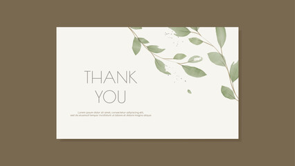 Fototapeta na wymiar Thank You Card In A Minimalist Style With Green Leaves. Vector