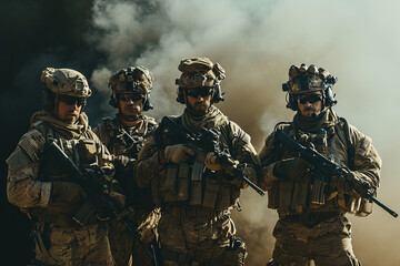 soldiers in full combat gear standing together with carrying guns. Private military company servicemen. Brothers in arms. War conflict combatants. Special Forces in the smoke. Army concept. - obrazy, fototapety, plakaty