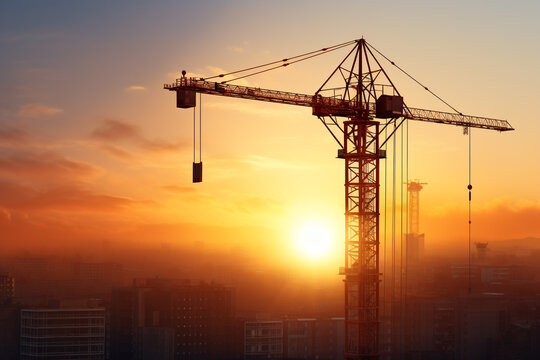 Building Construction site with morning sun rising background.