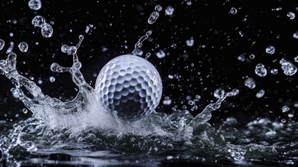 Professional Golf ball Sports Equipment in water splashes on the black background. Horizontal Illustration. Sporting Gear Ai Generated Illustration with Active Game Golf ball.