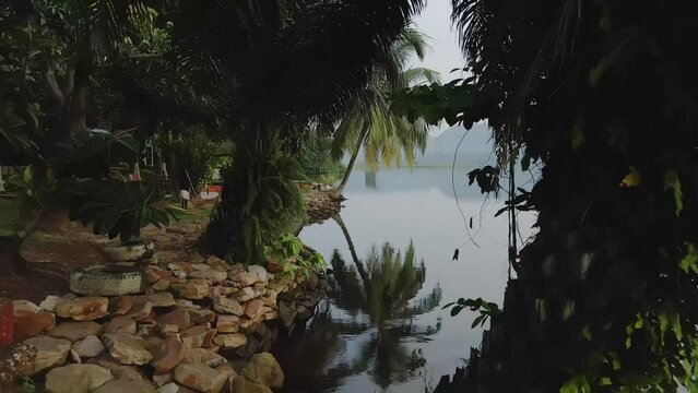 Dolly drone shot taking the front view of the resort at Akosombo Atimpoku, Eastern Region