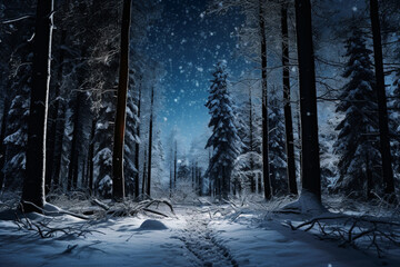Dark forest at night with moon light in the winter