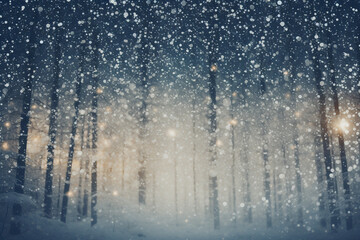 Snowing with blurred forest trees background