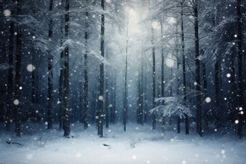 Snowing with blurred forest trees background