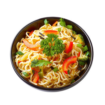Fried noodles with vegetables in bowl, Top view. Transparent background