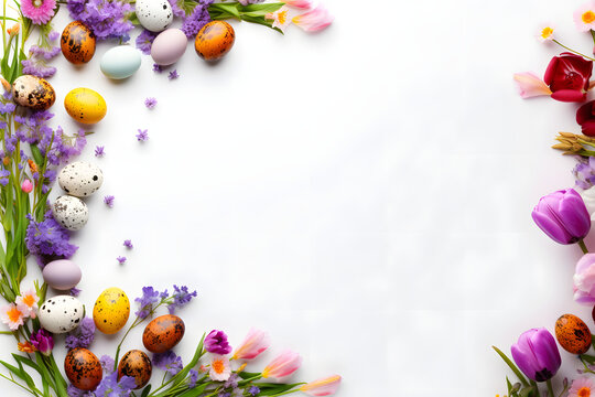 beautiful composition of Easter eggs and flowers on a white background. place for text. Easter background
