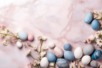 Fototapeta na wymiar beautiful luxurious composition of Easter eggs and flowers on a background of pink marble. place for text. Easter background
