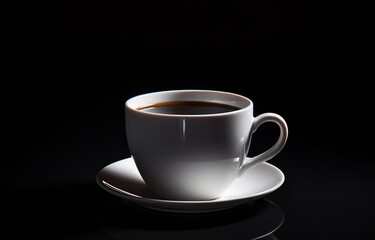 A cup of coffee in the photo in front of a black wall. generative AI