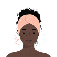 African American woman with acne problem compare with woman with normal skin. Skin care procedure concept person. Vector design illustrations.