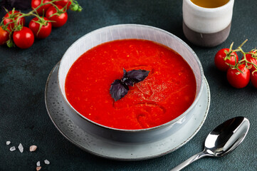 Traditional spanish Gazpacho. Tomato soup with pepper and onion. vegetarian soup. Spanish cuisine.