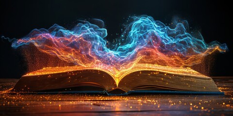 Enchanting Tales Awaken: An Open Book Radiates a Mystical Spectrum of Light, Symbolizing the Power of Stories to Ignite Imagination, Generative AI