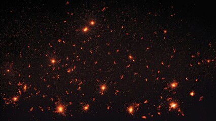 Abstract dark glitter fire particles lights. Fire embers particles over black background - obrazy, fototapety, plakaty