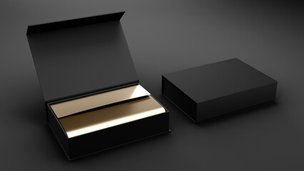 Black and Gold Luxury Product Box on a dark background with gold decorative paper. Mailer box template