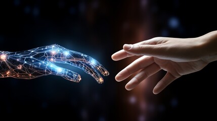 Fototapeta na wymiar Exploring Human and AI Hands in Symbiotic Connectivity. Futuristic and AI concept.
