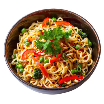 Fried noodles with vegetables in bowl, Top view. Transparent background