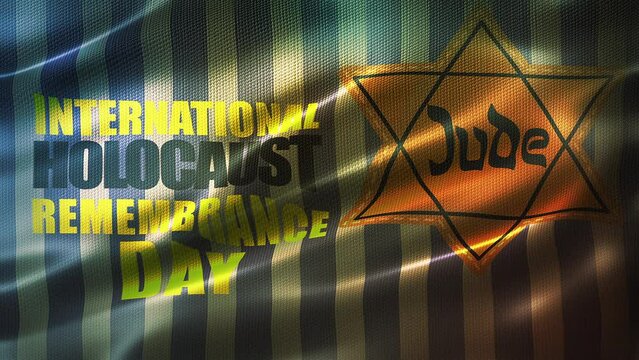 International Holocaust Remembrance Day full frame CG animation. Front view with cinematic look and feel, slow-motion waving fabric texture. Realistic and seamless loop-able.