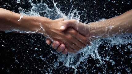Firm Handshake Business Symbol in water splashes on the black background. Horizontal Illustration. Partnership and agreement. Ai Generated Illustration with Trustworthy Solid Handshake.