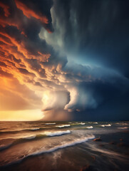 sunset over the sea with dramatic storm cloud