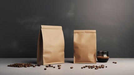 A packaging made of brown paper is photographed in front of a gray wall. generative AI