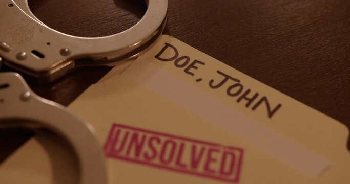 Close Up Tilt Down of an Unsolved Cold Case File with John Doe Written On It