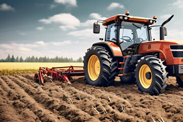 Obraz premium Traktor mit Pflug im Feld beim pflügen