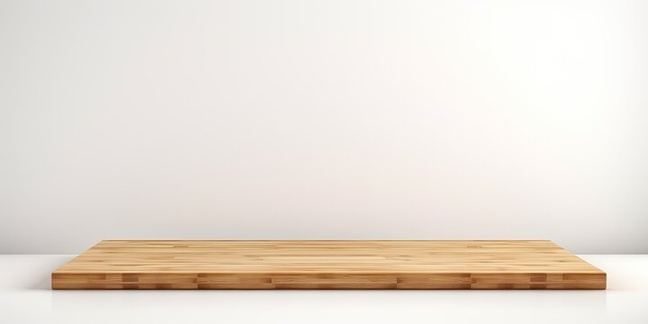 White background isolates empty wooden table/counter for product display.