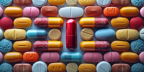 Array of Hope: A Diverse Collection of Colorful Pills and Capsules Laid Out, Symbolizing Modern Medical Treatment and Healthcare, Generative AI