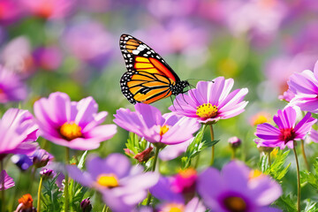 Naklejka premium Frühlingswiese mit Schmetterlingen, Blumen und Gräsern im Sommer