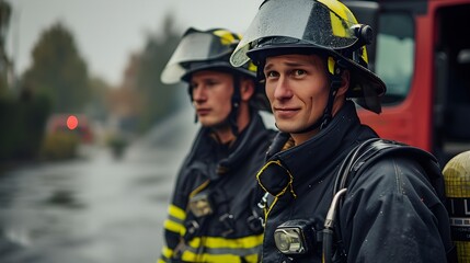 Portrait of two male firefighters on duty, generative AI