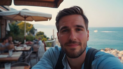 Selfie portrait of a white male on a beautiful sea side cafe background, generative AI