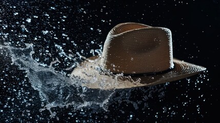 Trendy Hat Accessory in water splashes on the black background. Horizontal Illustration. Charming Wardrobe Staple. Ai Generated Illustration with Trendy Elegant Hat.