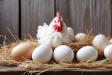 Hühner und Kücken im Stroh mit Eiern