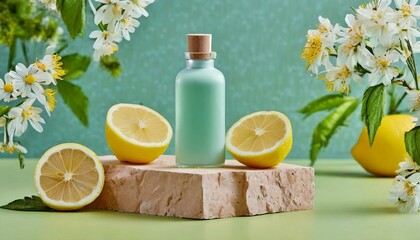 Obraz na płótnie Canvas Unlabelled empty bottle placed on a brick podium with fresh lemons, rocks, and white flowers. Green background, a Mockup scene for advertising cosmetics of lemon extract rich in vitamin C.