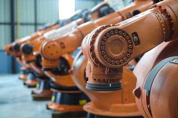 Row of orange robot arms inside plant assemble for automotive Industry.Automated production line...