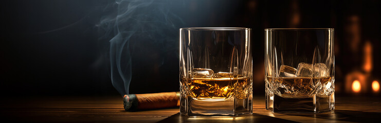A two glass of whiskey with ice and a Cuban cigar on a wooden table on a dark background. Men's club banner idea. Copy space for text - obrazy, fototapety, plakaty