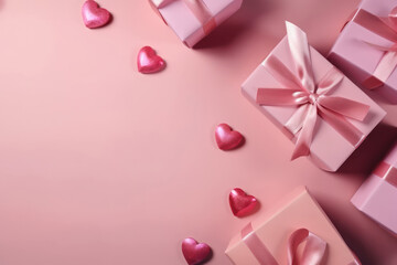 Background with realistic festive gifts boxes. Pink boxes with pink hearts. For greeting card or banner. Generative AI